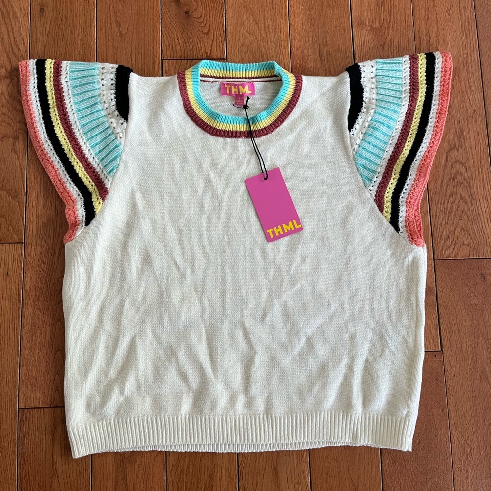 THML Cream Top with Multicolor Striped Sleeves